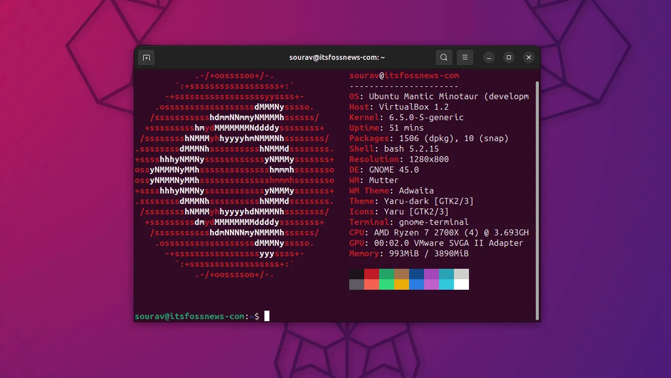 Uma captura de tela da saída Neofetch no Ubuntu 23.10