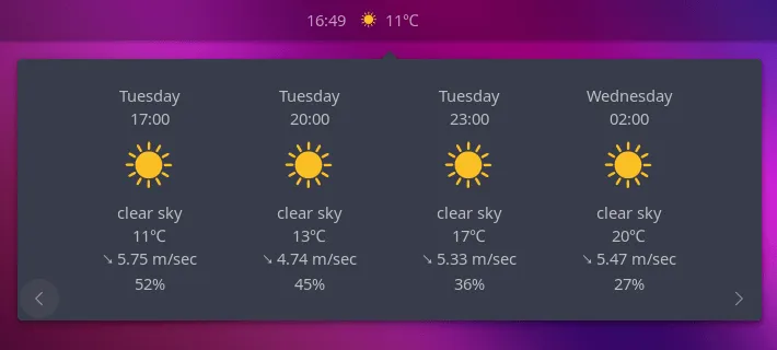 Uma captura de tela do Ubuntu Budgie 24.04 LTS Weather Applet
