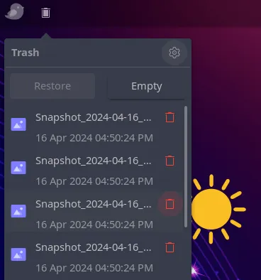 Uma captura de tela do Ubuntu Budgie 24.04 LTS Trash Applet