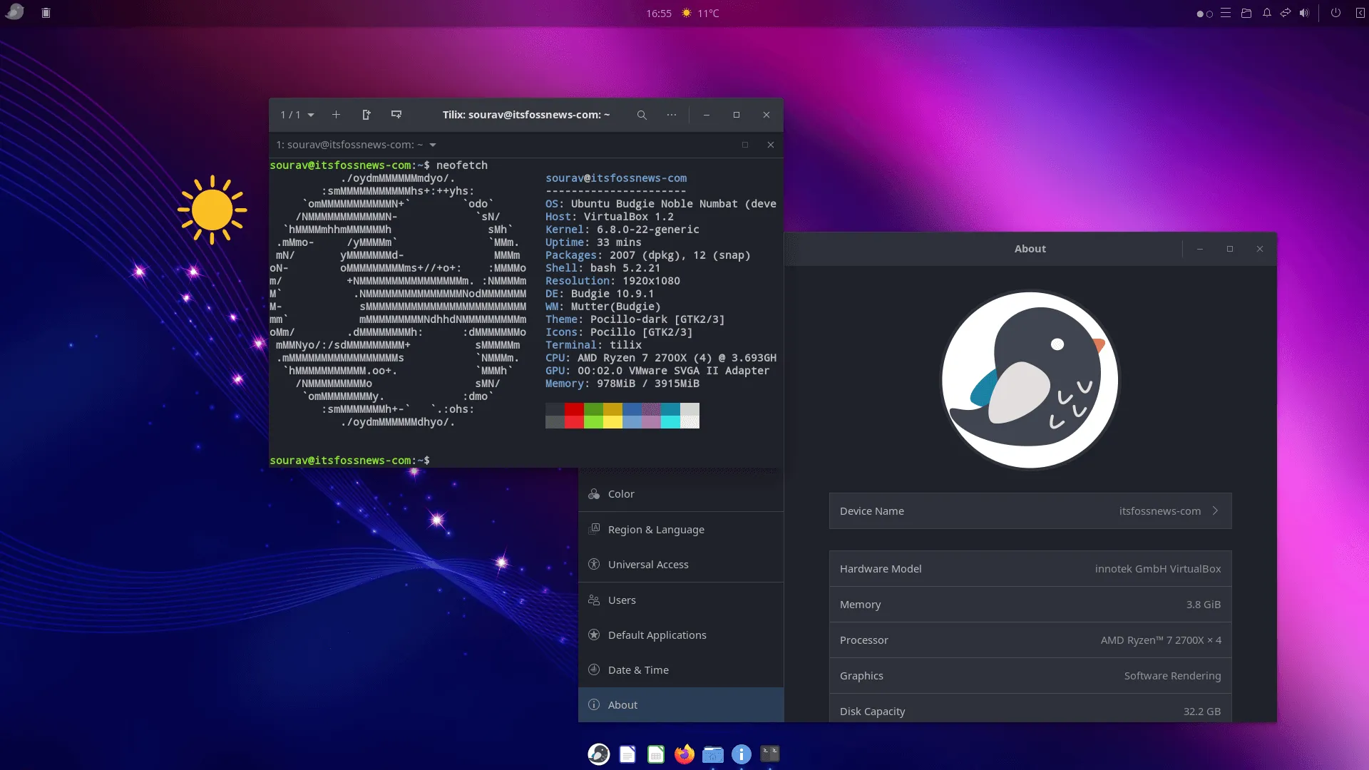 Uma captura de tela do Ubuntu Budgie 24.04 LTS Neofetch saída e sobre informações
