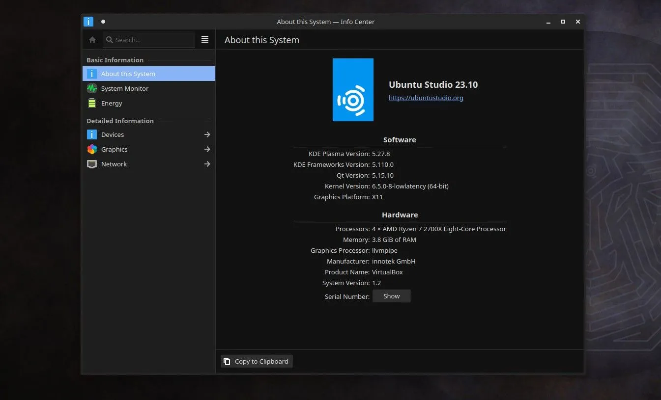 Uma captura de tela do centro de informações no Ubuntu Studio 23.10