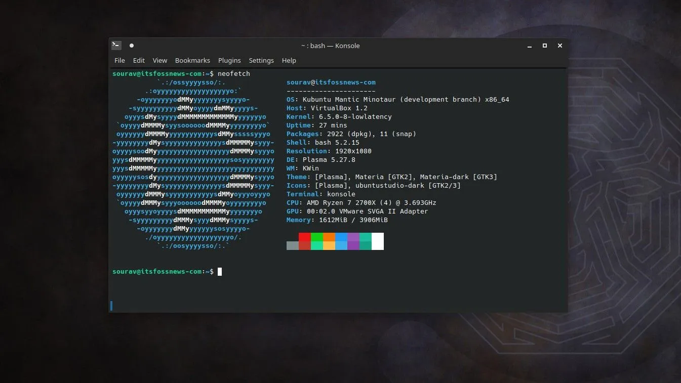 Uma captura de tela da saída Neofetch no Ubuntu Studio 23.10