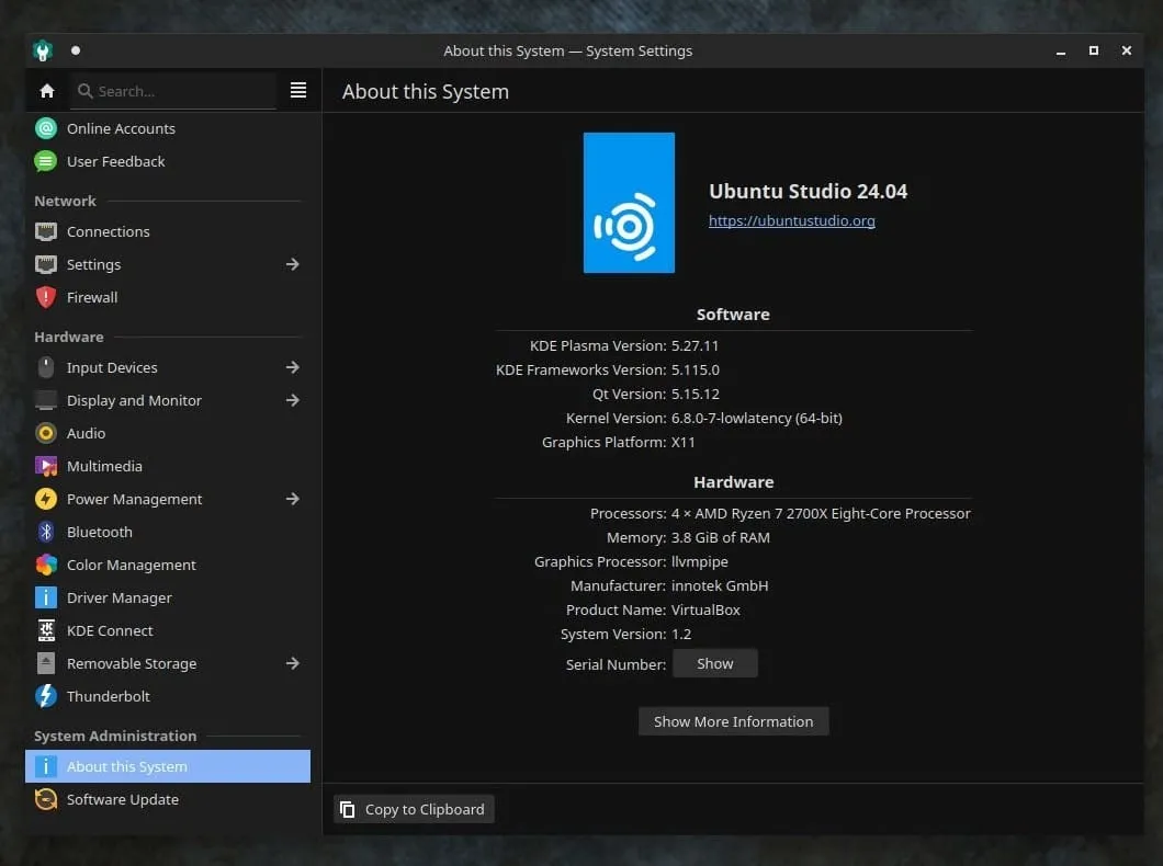 Uma captura de tela do Ubuntu Studio 24.04 LTS sobre informações do sistema