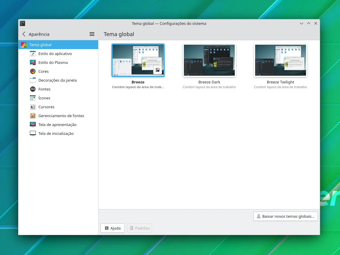 Opção para obter novos temas globais no KDE Plasma