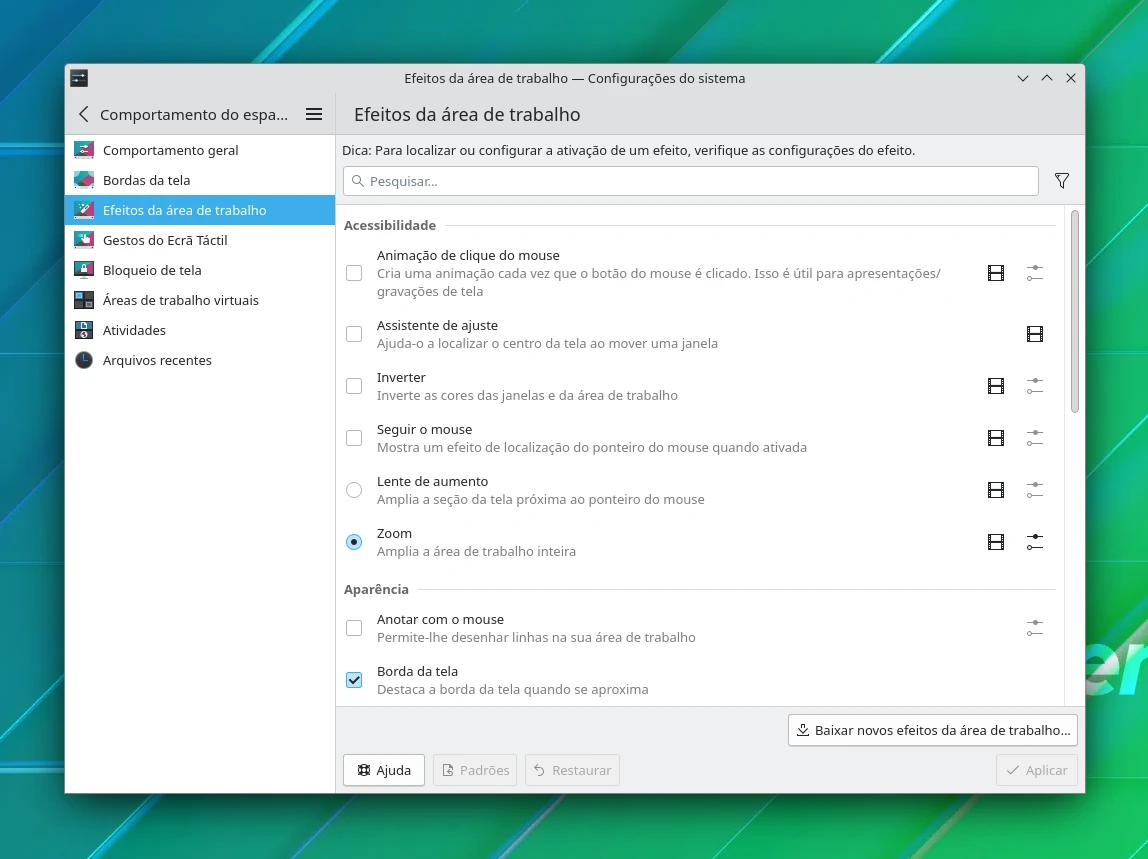 Página de efeitos da área de trabalho de configurações do KDE