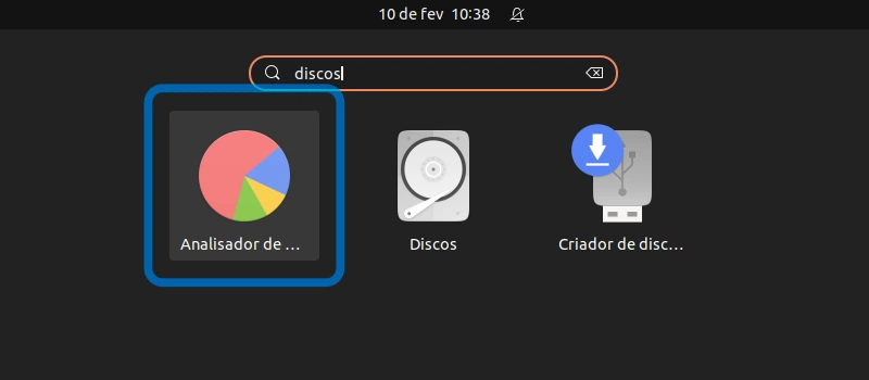 Analisador de uso de discos na área de atividades do GNOME