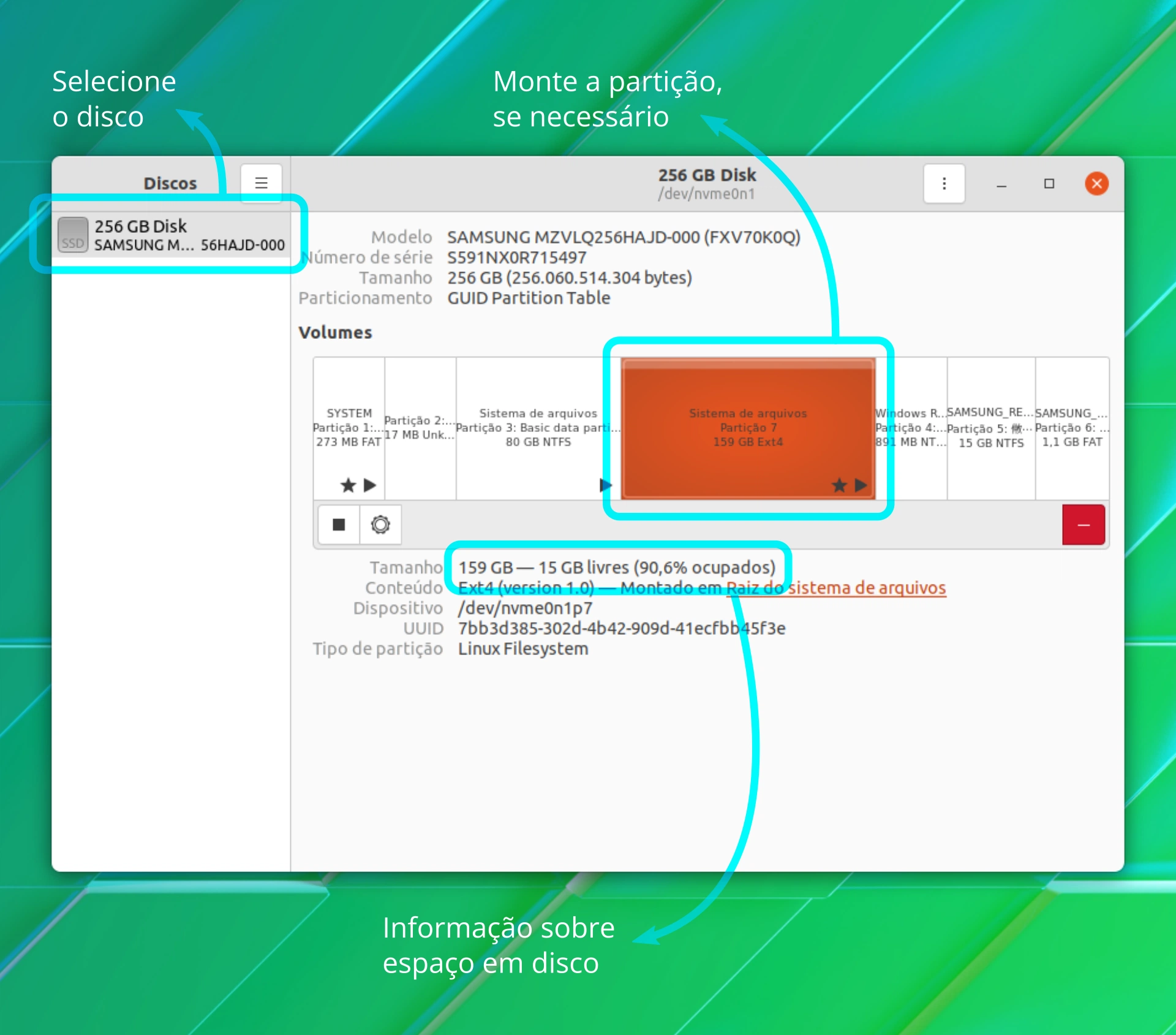 Janela do aplicativo GNOME Discos mostrando uma partição e informações do disco e partição