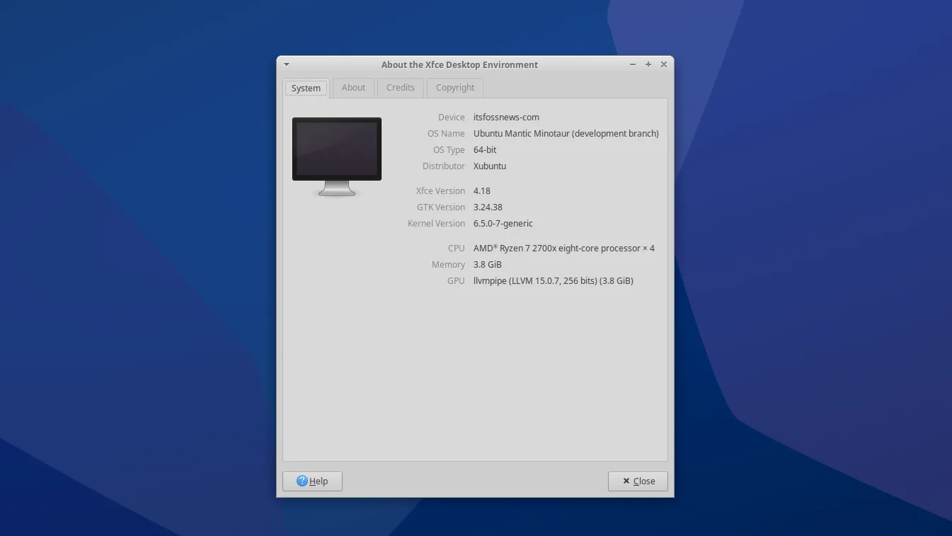 Uma captura de tela do aplicativo Sobre o XFCE no Xubuntu 23.10